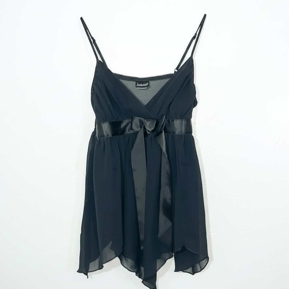 Frederick's of Hollywood Black Sheer Babydoll Top Handkerchief Hem Satin Bow M